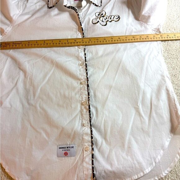 Romi Basha shirt womens one Size white leopard trim Button up Cotton casual top - Picture 8 of 12